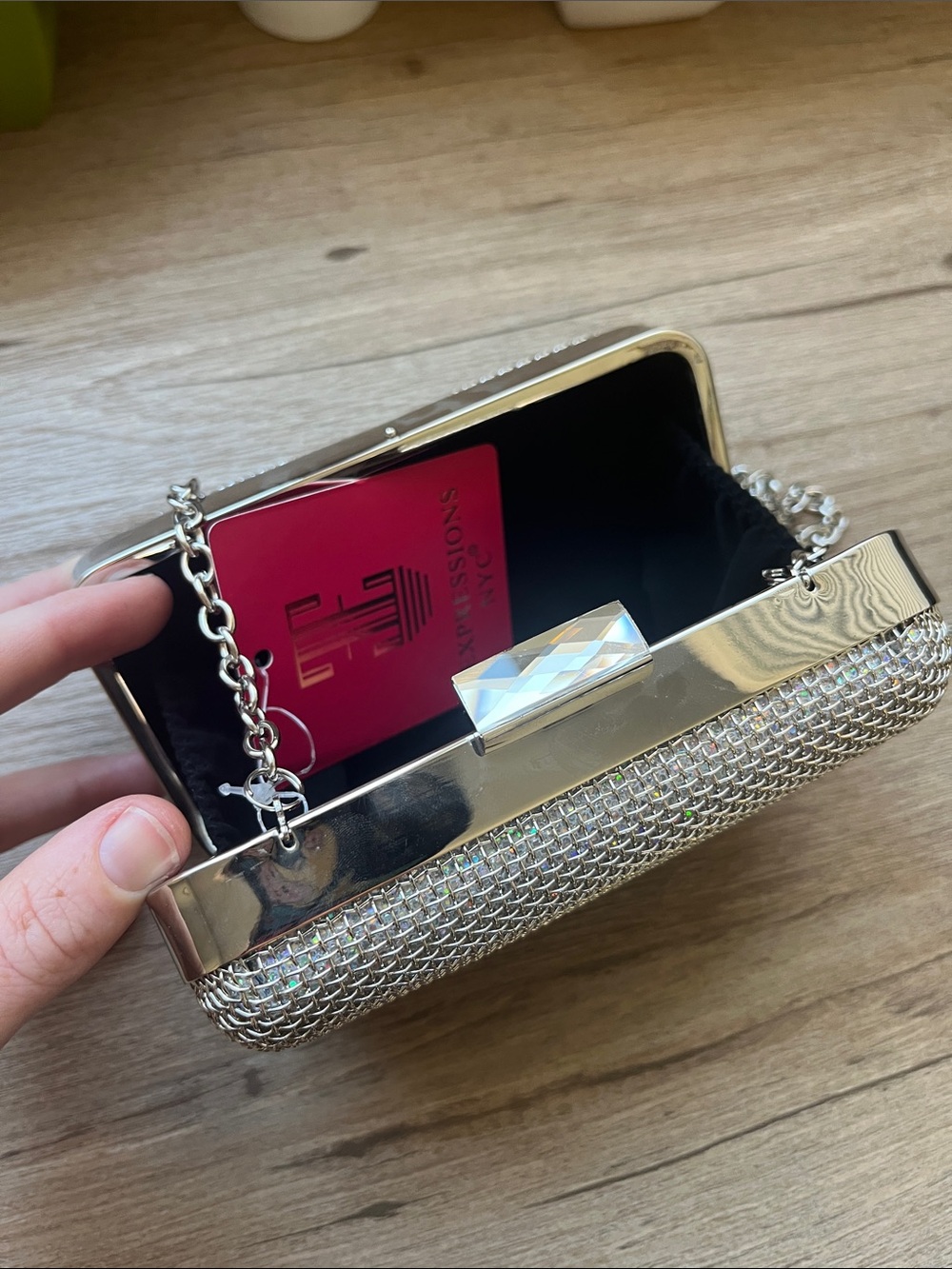 Silver Crystal Mesh Evening Clutch with Chain